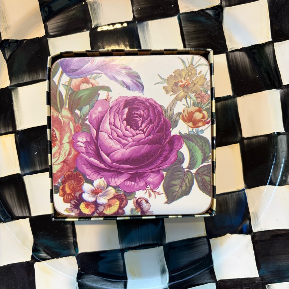 MacKenzie-Childs Floral Coaster Set with Purple and Multicolor Blooms